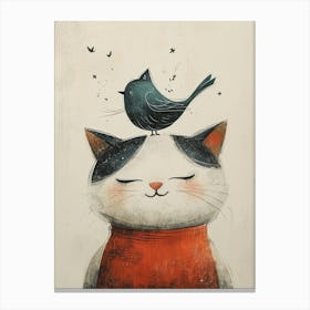 Cute Cat With Bird 2 Canvas Print