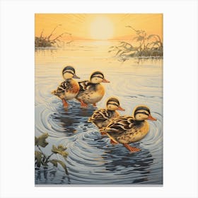 Ducklings In The Water Japanese Woodblock Style 9 Canvas Print