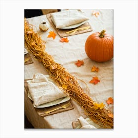 Autumn Themed Dinner Table Centerpiece Of Intertwined Golden Orange Pumpkin Vines Scattered Leaves (4) Canvas Print