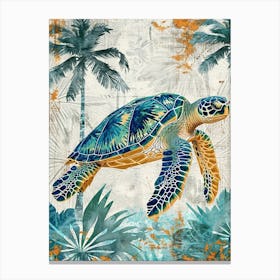 Blue Mixed Media Sea Turtle Collage Canvas Print