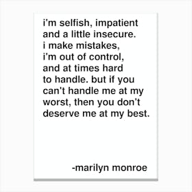 Selfish Marilyn Monroe Quote In White Canvas Print