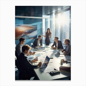 Conference Room Filled With Four Youthful Adults Two Women Two Men Engrossed In Team Strategy Do (4) Canvas Print