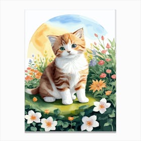 Cute Kitten And Flowers Watercolor 6 Canvas Print