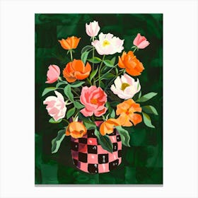 Vase with Flowers on Dark Green. Watercolor Canvas Print