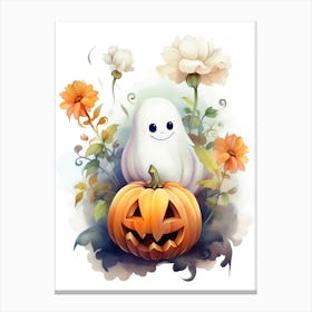 Cute Ghost With Pumpkins Halloween Watercolour 15 Canvas Print