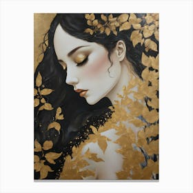 In the Style of Gustav Klimt - Beautiful Woman in Gold Leaf Wearing Back Showing Dress and Flowers, Similar to The Kiss, Tears, Portrait of Adele Bloch, Judith, Fräulein Lieser and Famous Replica Artworks - Perfect For Aesthetic Luxury Gallery Wall or Feature HD 1 Canvas Print