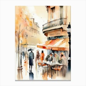 Paris city, passersby, cafes, apricot atmosphere, watercolors.18 Canvas Print