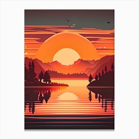 Sunset Over Lake Waterscape Retro Illustration 1 Canvas Print