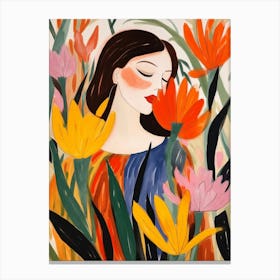 Woman With Autumnal Flowers Bird Of Paradise 3 Canvas Print
