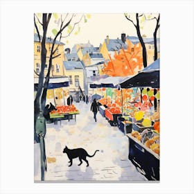 Food Market With Cats In Oslo 2 Watercolour Canvas Print