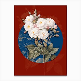 Vintage Botanical Noisette Roses on Circle Blue on Red n.0271 Canvas Print