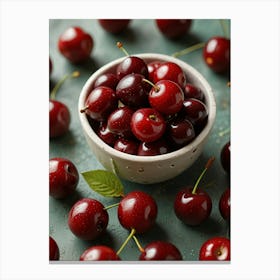 Cherry Bowl On Green Background Canvas Print