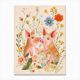 Folksy Floral Animal Drawing Pig Canvas Print