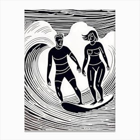 A Couple Surfing Linocut inspired Black And White Painting , surfing art, surf 214 Canvas Print