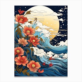 Great Wave With Cosmos Flower Drawing In The Style Of Ukiyo E 4 Canvas Print