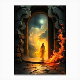 Woman Walking Through A Fire Portal Canvas Print