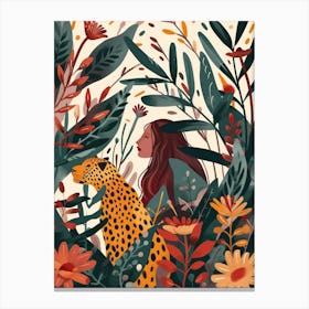 Girl With Leopard In The Jungle 1 Canvas Print