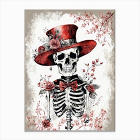 Floral Skeleton With Hat Ink Painting (64) Canvas Print