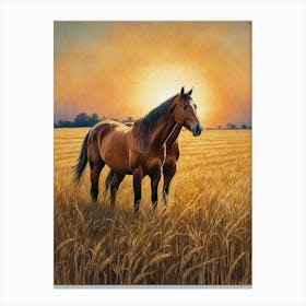 Horses In A Wheat Field Canvas Print