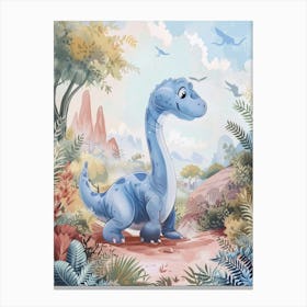 Blue Cute Dinosaur In A Rocky Landscape Storybook Style Canvas Print