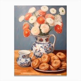 Ranunculus Flower And Doughnuts Still Life Painting 1 Dreamy Canvas Print