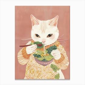 Cute White Tan Cat Eating Salad Folk Illustration 3 Canvas Print