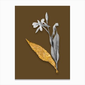 Vintage Bandana of the Everglades Black and White Gold Leaf Floral Art on Coffee Brown n.0918 Canvas Print