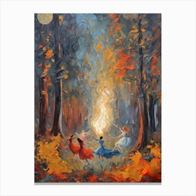 Walpurgis Fire Dance - Circle of Women Witches Dancing in the Forest Under the Full Moon - Pagan Festival Calling Down the Moon Selene or Diana Goddesses - Witchy Colorful Oil Painting Canvas Print