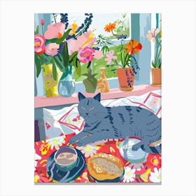 Tea Time With A Russian Blue Cat 1 Canvas Print