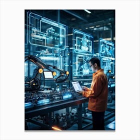 Cyber Industrial Factory With An Ai Manager Overseeing A Network Of Robotic Welding Arms And Automat Canvas Print