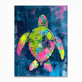 Pink & Green Sea Turtle On Blue Background Canvas Print