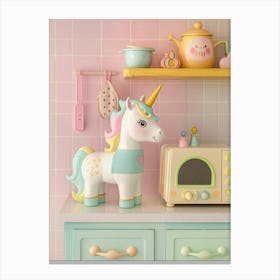 Toy Unicorn In A Pastel Kitchen Canvas Print