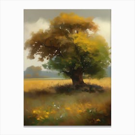 Oak tree, fine work of art, misty atmosphere, green meadow..13 Canvas Print