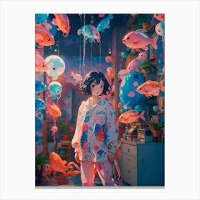 Girl In A Room Full Of Fish Canvas Print