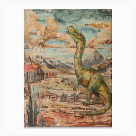 Dinosaur In A Western Town Painting Canvas Print