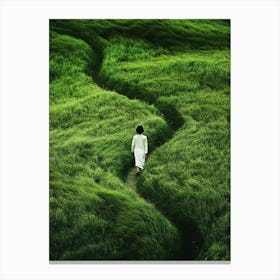 Man Walking Through A Green Field Canvas Print