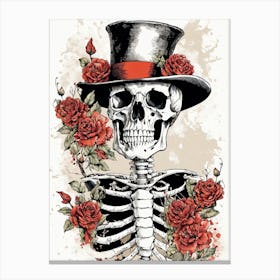 Floral Skeleton With Hat Ink Painting (4) Canvas Print