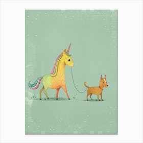 Pastel Storybook Style Unicorn Walking A Dog 1 Canvas Print