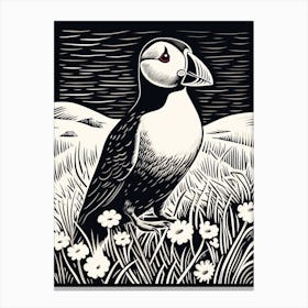 B&W Bird Linocut Puffin 1 Canvas Print