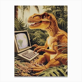 Dinosaur At A Computer Retro Collage 2 Canvas Print