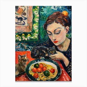 Portrait Of A Woman With Cats Eating Pasta 2 Canvas Print