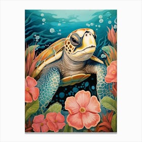 Leatherback Turtle With Tropical Flowers 2 Canvas Print