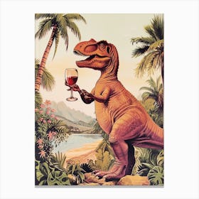 Dinosaur Drinking Wine Retro Collage 3 Canvas Print