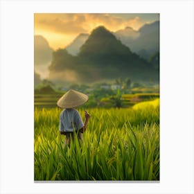 Asian Woman In Rice Field Canvas Print