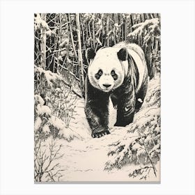 Giant Panda Walking Through A Snow Covered Forest Ink Illustration 2 Canvas Print