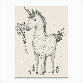 Unicorn And A Bouquet Of Flowers Black And White Doodle 1 Canvas Print
