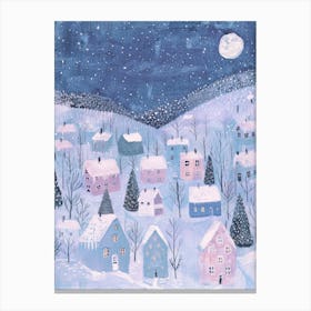 Night Winter Village. Pastel Gouache Christmas. Nursery Canvas Print