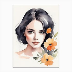 Floral Woman Portrait Watercolor Painting (32) Canvas Print