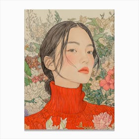 Red Sweater Portrait - Feminine Art with Detailed Florals Canvas Print