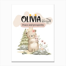 Olivia Nursery Wall Art - Personalized Baby Name Poster with Peace and Prosperity Theme - Cute Woodland Bear and Floral Decor for Baby Room Toile